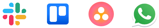Icônes des applications Slack, Trello, Asana et WhatsApp alignées horizontalement sur fond blanc.